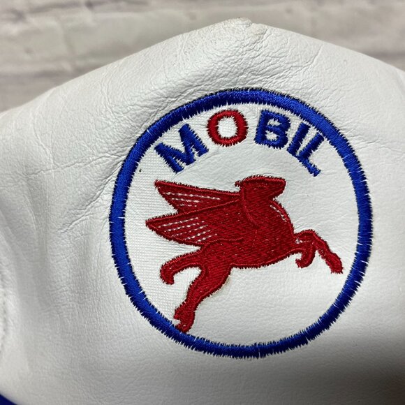 Vintage Mobil Oil Leather Hat Cap Strap Back White Blue Embroidered Pegasus Logo - Picture 6 of 10